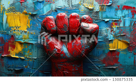 Hand with a fist painted on it is surrounded by a colorful background Hand with a fist painted on it is surrounded by a colorful background 130875335
