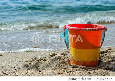 Red and yellow bucket is sitting on the sand at the beach 130875346