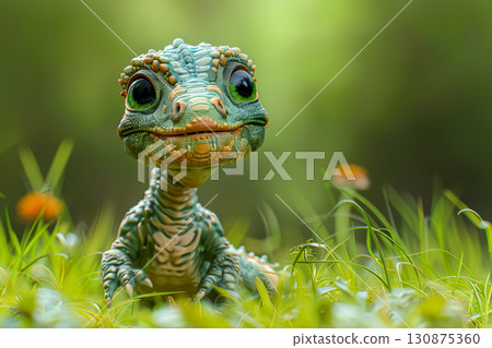 Cartoonish green dinosaur is sitting on a rock in a lush green forest. Cartoonish green dinosaur is sitting on a rock in a lush green forest. 130875360