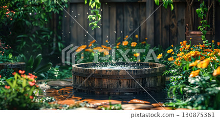 Small pond with a stone wall surrounding it. 130875361