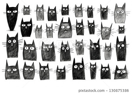 Black and white drawing of many cats with their eyes open Black and white drawing of many cats with their eyes open 130875386