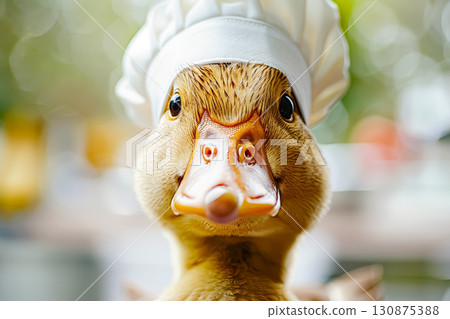 Duck wearing a chef's hat and smiling Duck wearing a chef's hat and smiling 130875388