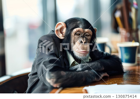 Monkey is sitting at a desk with a laptop and a cup of coffee. 130875414
