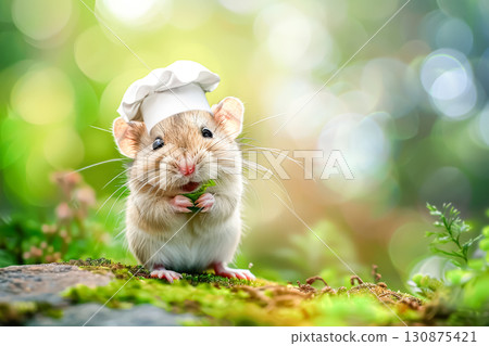 Small mouse wearing a chef's hat is standing on a mossy rock 130875421