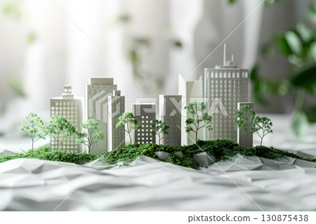 Model of a city with a hill and trees. 130875438