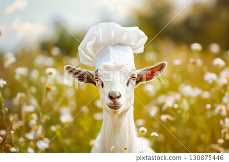 Goat wearing a chef's hat is standing in a field of flowers 130875446
