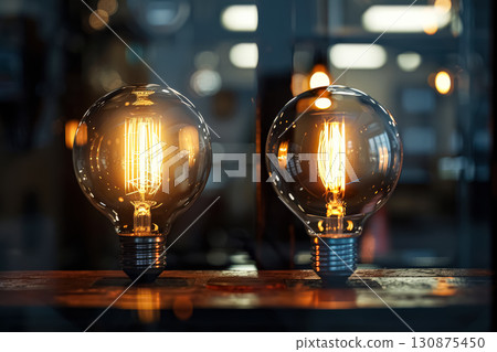 Three light bulbs are lit up and placed on a table. 130875450