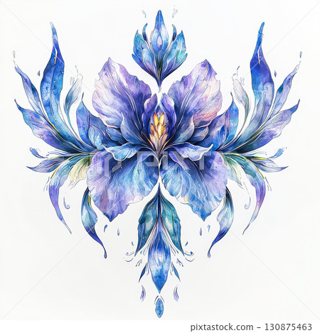 Blue flower with green leaves is painted on a white background Blue flower with green leaves is painted on a white background 130875463
