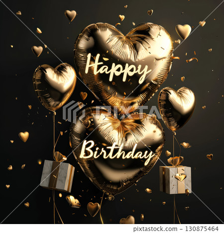 Gold heart shaped balloon with a box of presents and the words Happy Birthday written on it. Gold heart shaped balloon with a box of presents and the words Happy Birthday written on it. 130875464