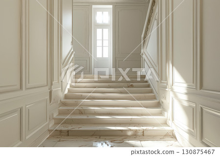 White door with a gold handle sits in front of a wall with a white trim. White door with a gold handle sits in front of a wall with a white trim. 130875467