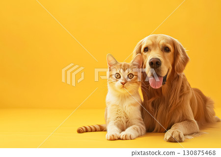 Golden retriever and a tabby cat are laying on a yellow surface 130875468