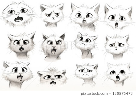 Series of black and white cat drawings with varying expressions. Series of black and white cat drawings with varying expressions. 130875473