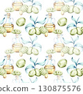 Olives and olive oil seamless pattern background wallpaper inspired by Italian cuisine and nature featuring vibrant watercolor illustrations of olives olive branches and bottles of oil showcasing the 130875576