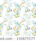 Olives and olive oil seamless pattern background wallpaper in watercolor technique showcasing beauty of Italian cuisine and nature with vibrant colors and delicate detailing 130875577