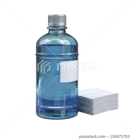 AI-generated item. Large disinfectant bottle with wipes on transparent background. AI-generated item. Large disinfectant bottle with wipes on transparent background. 130875703