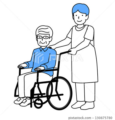 A caregiver assisting an elderly person in a wheelchair 130875780