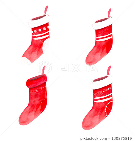 Four red Christmas stockings with white cuffs and decorative patterns Watercolor illustration set isolated on white. Festive holiday clipart, perfect for cards, invitations, decor, wrapping 130875819