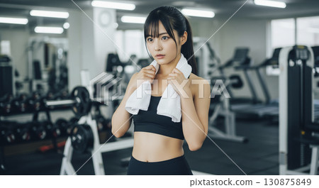 Young woman wiping sweat at the gym 130875849
