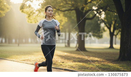 A woman running early in the morning 130875873