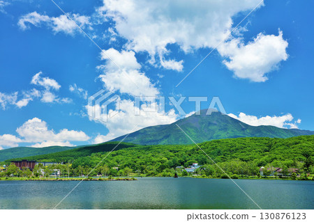 長野縣，在藍天白樺湖上眺望蓼科山 130876123