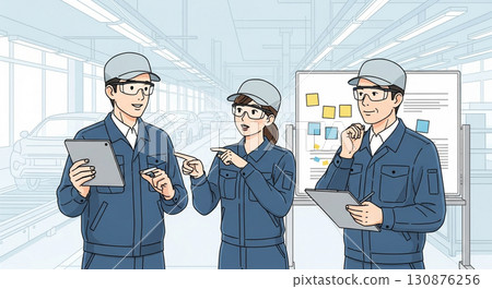 Factory workers discussing improvement measures at an automobile factory 130876256