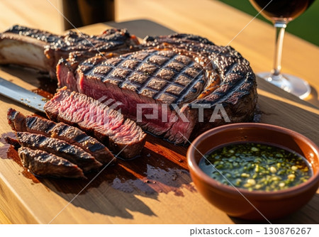 Juicy argentine grilled ribeye steak sliced and served with chimichurri and a glass of wine 130876267