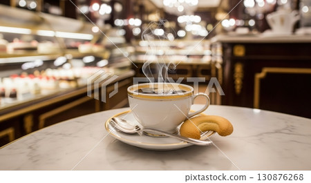 Classic austrian long black coffee steaming in a cup on a marble table in an elegant cafe 130876268