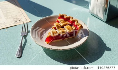 Slice of classic american cherry pie with a lattice crust on a sunny diner table in the morning 130876277