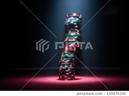 Tall unstable stack of poker chips on a red casino table under a dramatic spotlight Tall unstable stack of poker chips on a red casino table under a dramatic spotlight 130876295