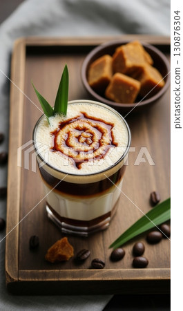 Iced palm sugar coffee latte with pandan leaves and coffee beans on a rustic wooden tray 130876304
