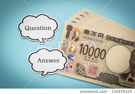10,000 Yen Bill and Question and Answer Speech Bubble Q&A Questions and Answers New Banknotes 130876329