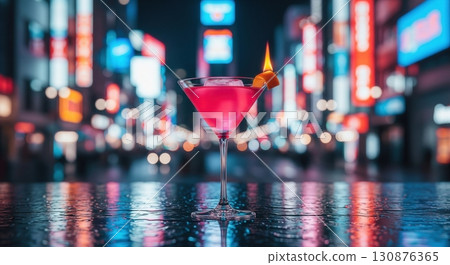 Cosmopolitan cocktail with a flamed orange peel garnish on a wet table in a modern city 130876365