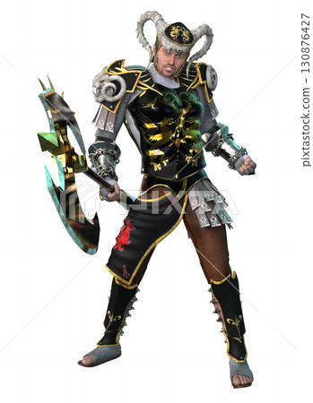 Fantasy Warrior in Black and Gold Armor Holding Battle Axe 130876427