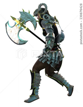 Fantasy Warrior in Black and Gold Armor Holding Battle Axe 130876428