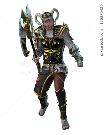 Fantasy Warrior in Black and Gold Armor Holding Battle Axe 130876429