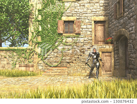 Medieval Knight in Armor Standing in Castle Courtyard 130876432