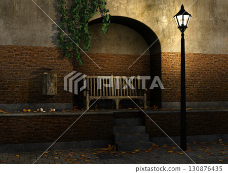 Old Wooden Bench Under Streetlamp in Brick Alley at Night 130876435