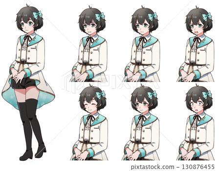 A set of facial expressions for a timid black-haired girl wearing an idol costume A set of facial expressions for a timid black-haired girl wearing an idol costume 130876455
