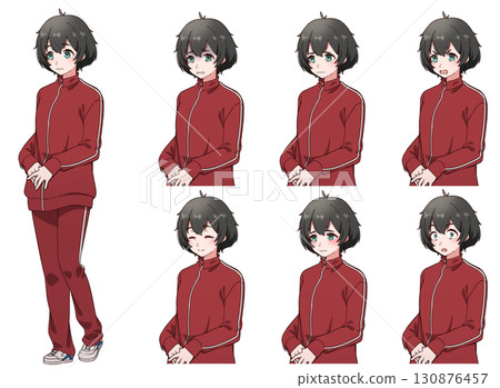 A timid-looking black-haired girl wearing a tracksuit A timid-looking black-haired girl wearing a tracksuit 130876457