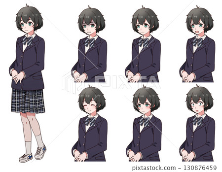 A set of facial expressions for a timid black-haired girl in a uniform 130876459