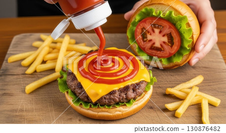 Putting ketchup on a juicy cheeseburger with a beef patty and melted cheese served with fries 130876482