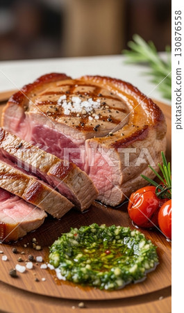 Grilled tuna steak with chimichurri and roasted tomatoes a healthy and delicious seafood meal 130876558