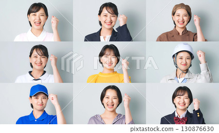 同一名女子身穿不同職業服裝揮舞拳頭的拼貼畫 同一名女子身穿不同職業服裝揮舞拳頭的拼貼畫 130876630