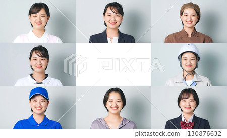 Collage of smiling identical women dressed in costumes of various professions 130876632