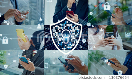 Collage of people using smartphones in various situations and security images Collage of people using smartphones in various situations and security images 130876664