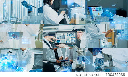 Collage of various research and development scenes and digital technology Collage of various research and development scenes and digital technology 130876688