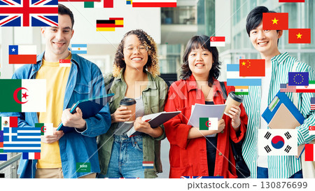 Image of smiling multinational people and national flags Image of smiling multinational people and national flags 130876699