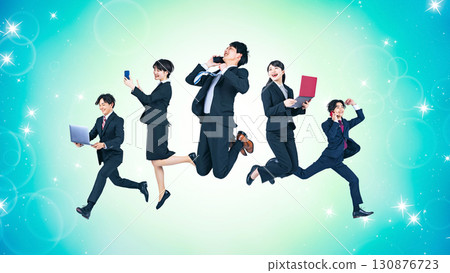 A group of business people jumping with digital devices against a CG background 130876723