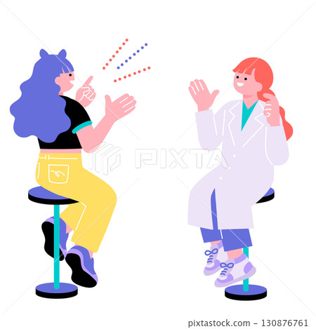 A pop and colorful illustration of a young person from Generation Z having a conversation with a woman in a white coat 130876761