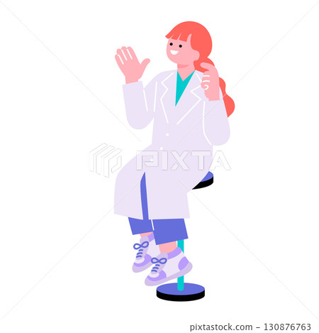 A pop and colorful illustration of a woman in a white coat 130876763